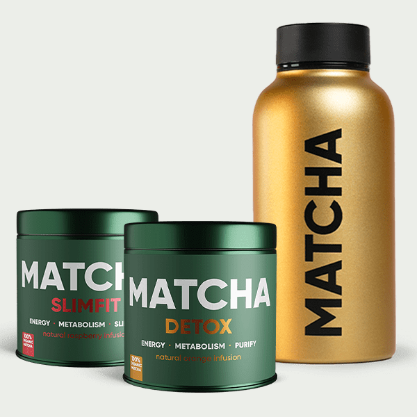 Goldene Matcha-Thermoflasche mit zwei Dosen — Grantonn Set