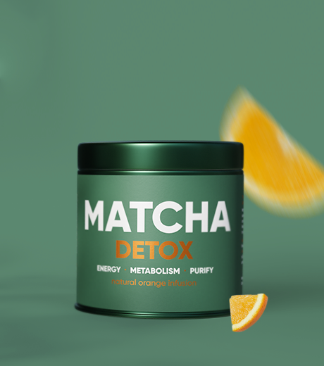 Matcha Detox — Dose mit frischer Orangenscheibe