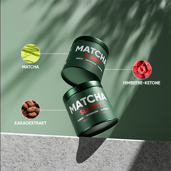 Matcha Slimfit — zwei Dosen mit Zutaten-Icons